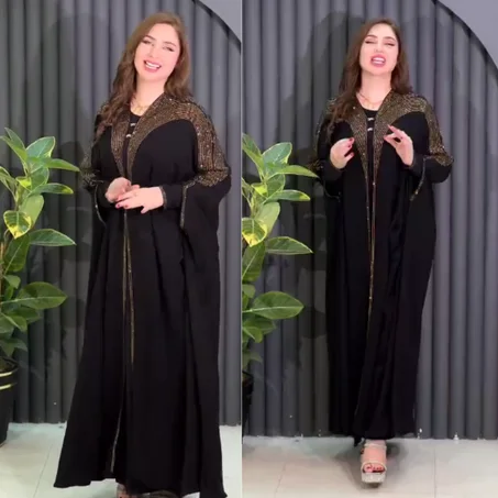 ✨ Abaya Royale Égyptienne en deux pièces  : Éclat & Strass Dorés ✨