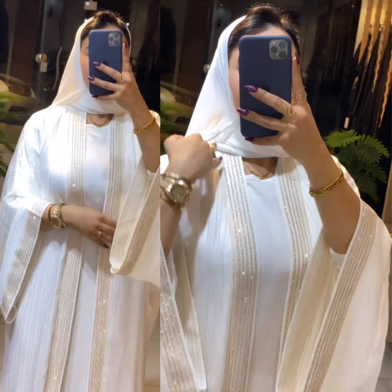 ✨ Abaya Égyptienne 2 Pièces Blanche avec Strass ✨
