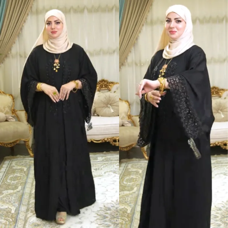 🖤 Abaya Égyptienne 2 Pièces Prestige – Dentelle Fine & Perlage Fait Main ✨