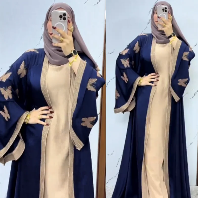 ✨ Abaya Égyptienne papillon 2 Pièces en strass – Soie Premium ✨