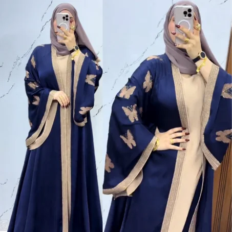 ✨ Abaya Égyptienne papillon 2 Pièces en strass – Soie Premium ✨