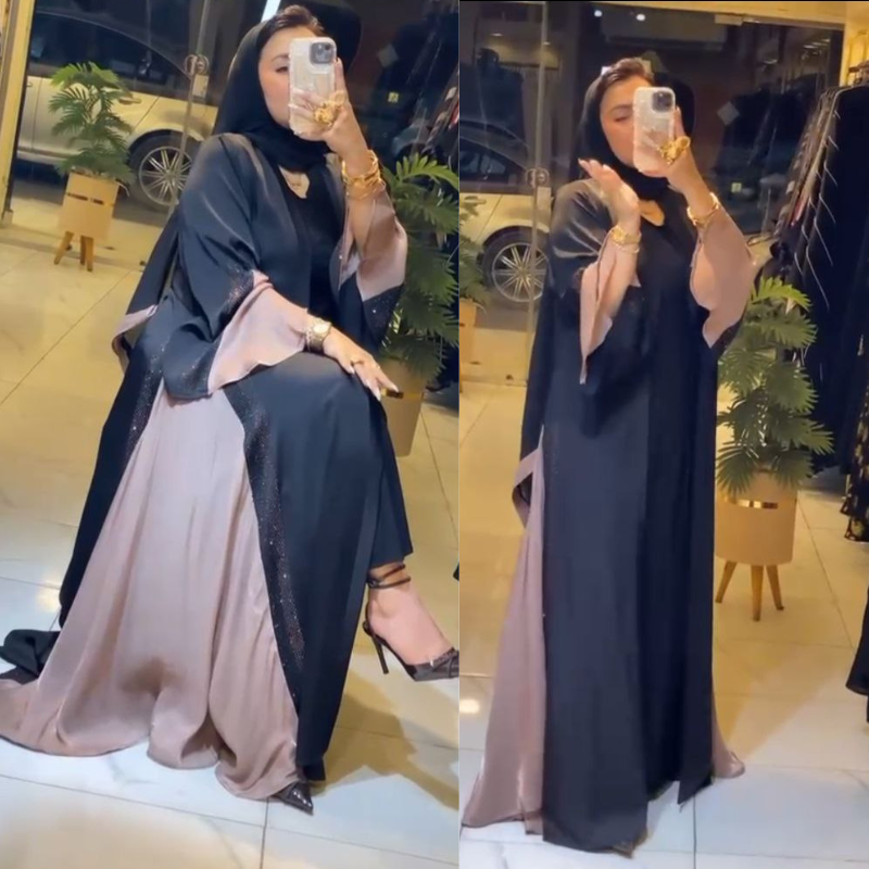 🌸 Abaya Égyptienne Élégance Noir & Rose Poudré