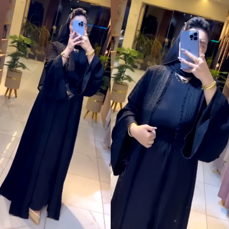 🖤 Abaya Égyptienne Noire – Deux Pièces avec Strass