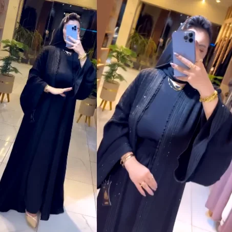 🖤 Abaya Égyptienne Noire – Deux Pièces avec Strass