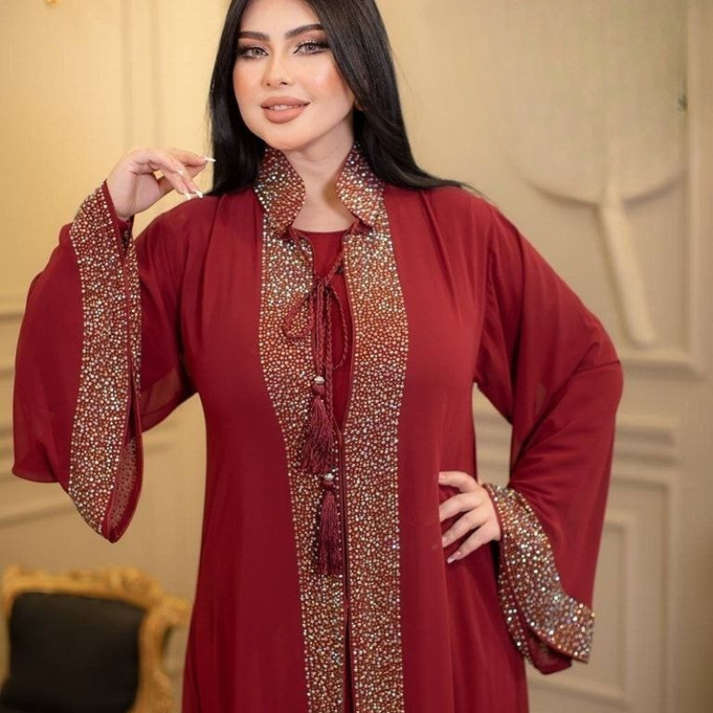 ✨Abaya Égyptienne Élégante en deux pièces en Chiffon – Rouge Royal 🌸& Vert Émeraude💎