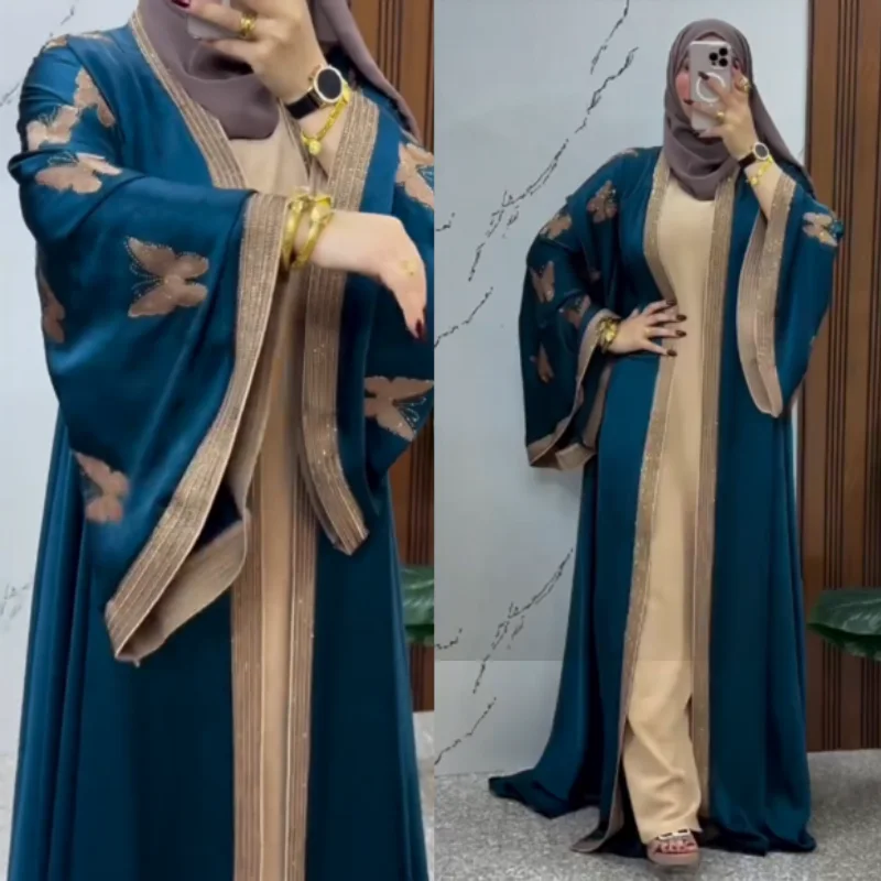 ✨ Abaya Égyptienne papillon 2 Pièces en strass – Soie Premium ✨