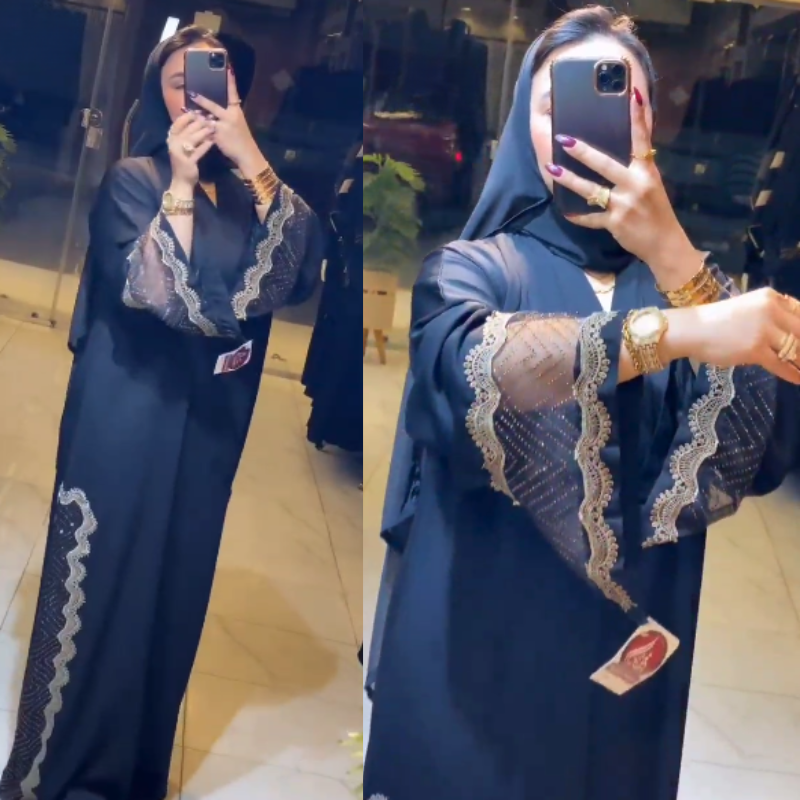 🌟 Abaya Égyptienne Noire avec Dentelle et Strass 🌟