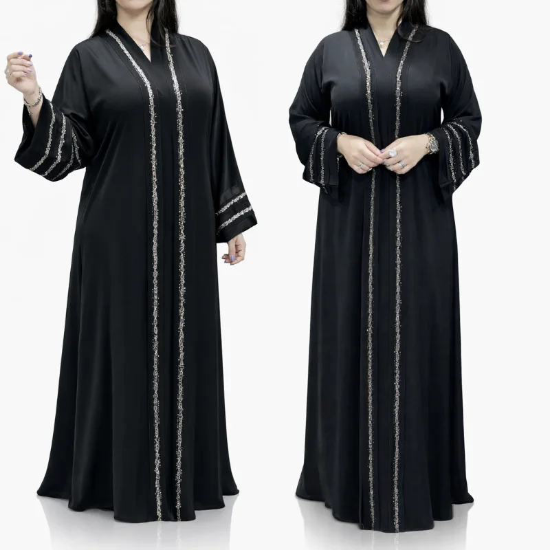 🖤 Abaya Égyptienne Noire – Une Pièce avec Strass & Châle Assorti