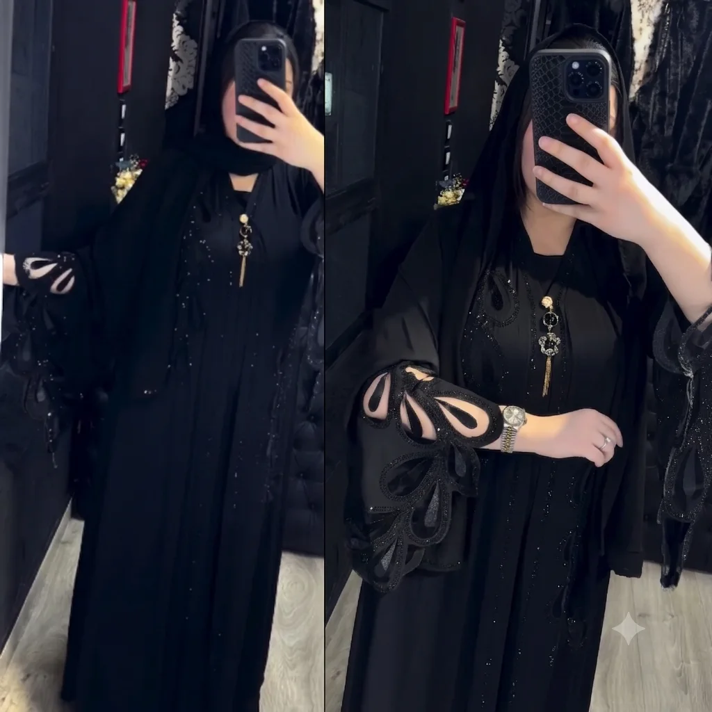 ✨Abaya 2 Pièces Dentelle & Strass Noir Prestige✨
