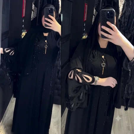 ✨Abaya 2 Pièces Dentelle & Strass Noir Prestige✨