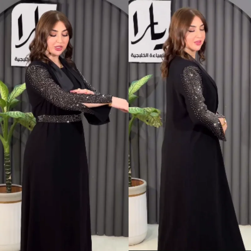 🖤 Abaya Égyptienne "Satin & Diamants" – Ensemble 2 Pièces 💎