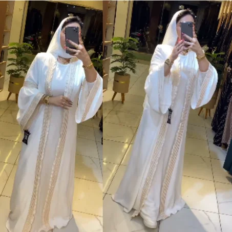 🕋Abaya Égyptienne Blanche Premium – Soie & Strass, Parfaite pour l’Arrivée après Omra/Hajj
