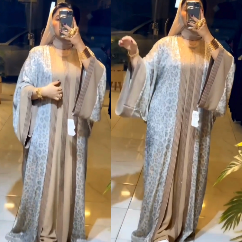 🌟 Abaya Léopard 2 pièces Égyptienne Chic & Raffinée : Élégance Taupe 🌟