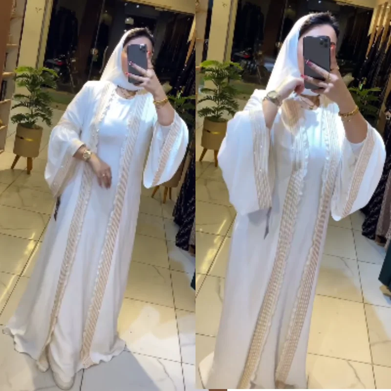 🕋Abaya Égyptienne Blanche Premium – Soie & Strass, Parfaite pour l’Arrivée après Omra/Hajj
