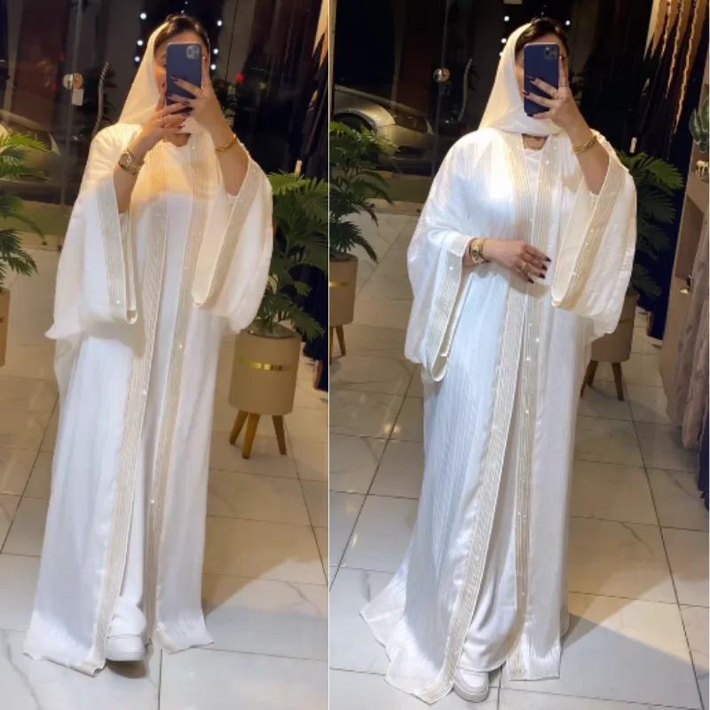 ✨ Abaya Égyptienne 2 Pièces Blanche avec Strass ✨