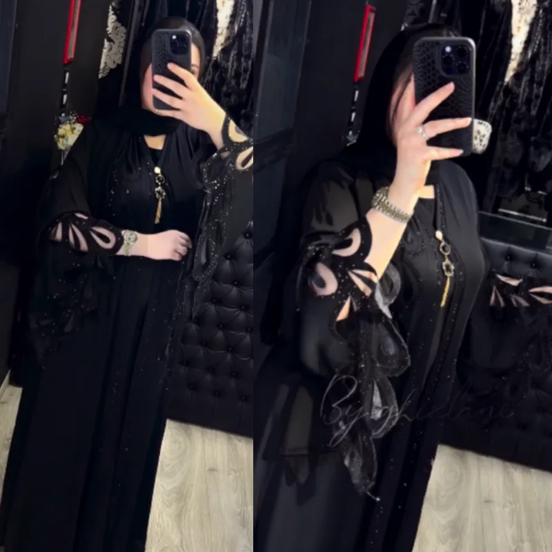 ✨Abaya 2 Pièces Dentelle & Strass Noir Prestige✨
