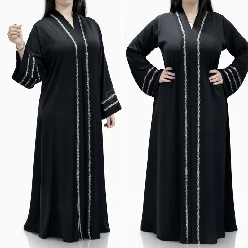 🖤 Abaya Égyptienne Noire – Une Pièce avec Strass & Châle Assorti