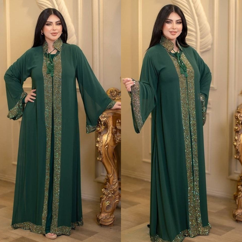 ✨Abaya Égyptienne Élégante en deux pièces en Chiffon – Rouge Royal 🌸& Vert Émeraude💎