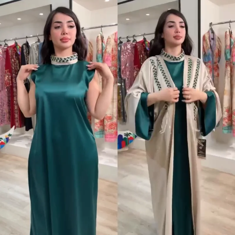 ✨ Abaya Égyptienne 2 Pièces en Soie et perles – Vert Émeraude & Beige ✨