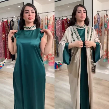 ✨ Abaya Égyptienne 2 Pièces en Soie et perles – Vert Émeraude & Beige ✨