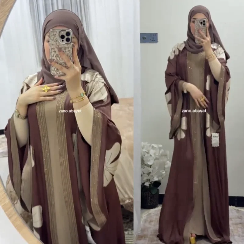 🌸Abaya Égyptienne Florale deux Pièces avec Strass – Soie Premium🌸