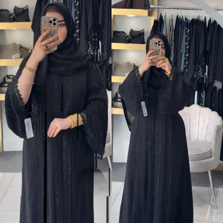 ✨Abaya Égyptienne Prestige – Soie & Strass✨