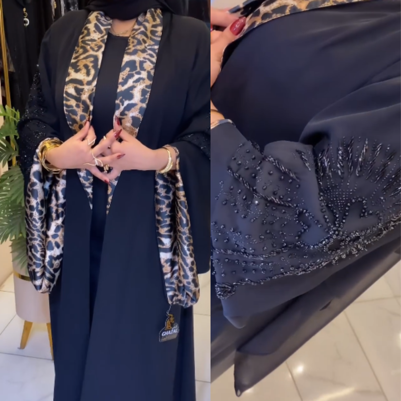🐆Abaya Égyptienne Chic  avec Broderies Perlées & Détails Léopard✨