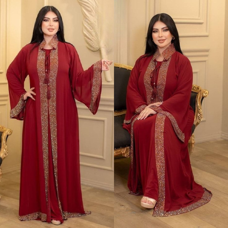 ✨Abaya Égyptienne Élégante en deux pièces en Chiffon – Rouge Royal 🌸& Vert Émeraude💎