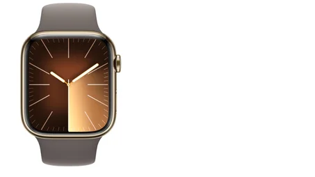 ساعه ابل الاصدار 9‏ (نظام تحديد المواقع + شريحة اتصال، مقاس 45 مم) إطار ستانلس ستيل ذهبي مع حزام رياضي بلون فخّاري - مقاس M/L