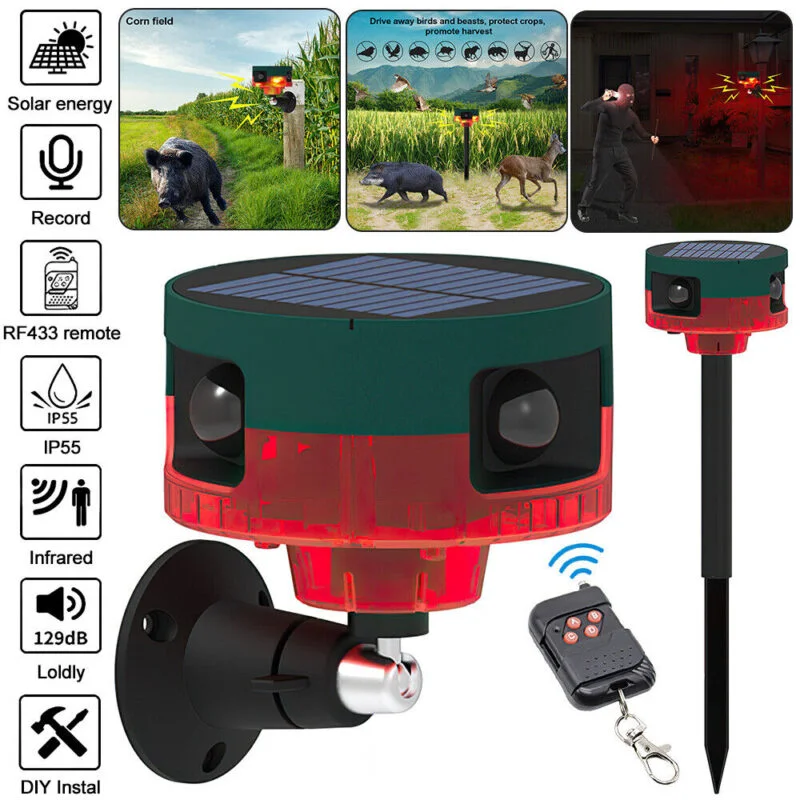 Répulsif pour animeux Capteur de mouvement à énergie solaire, alarme sonore et lumineuse 6 LED - مستشعر حركة يعمل بالطاقة الشمسية لطارد الحيوانات