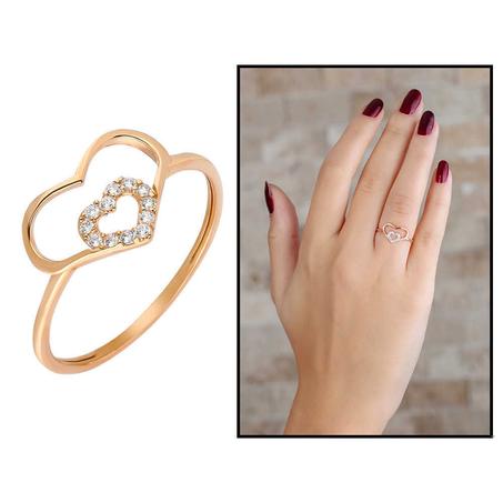 Women's Zircon Gemmed Heart Design Rose Plated 925 Carat Silver Ring