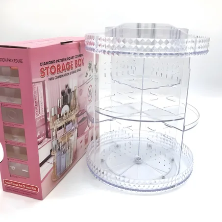 منظم مكياج دوّار فاخر بنقشة الماس 💎 – تصميم شفاف أنيق وعملي