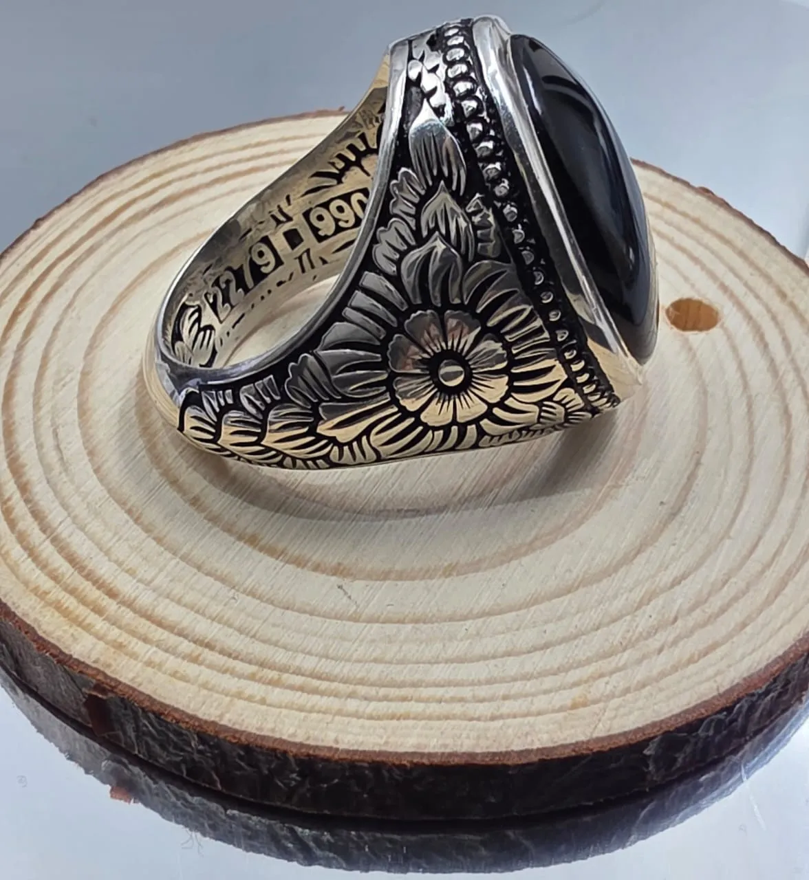 خاتم فضه بحجر جرع اسود يمني