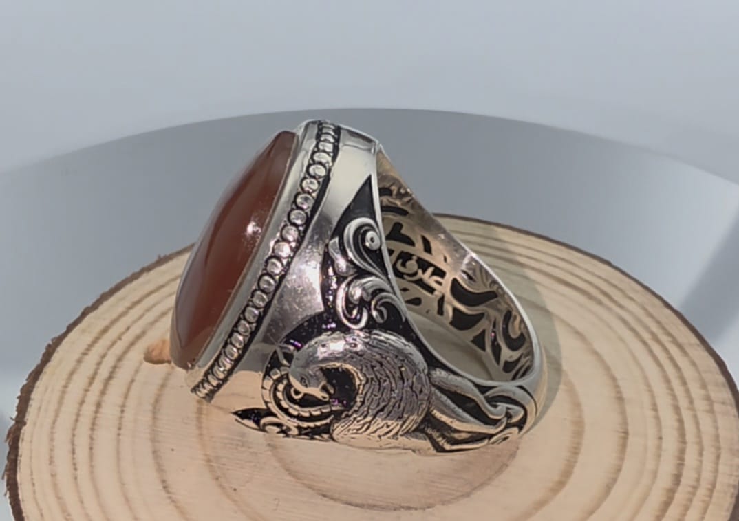 خاتم بحجر عقيق مشمشي زجاجي فاخر