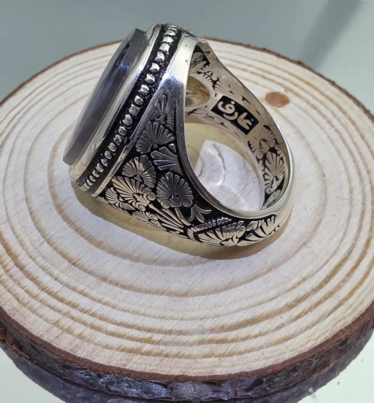 خاتم فضه رجالي بحجر شجري يمني مميز
