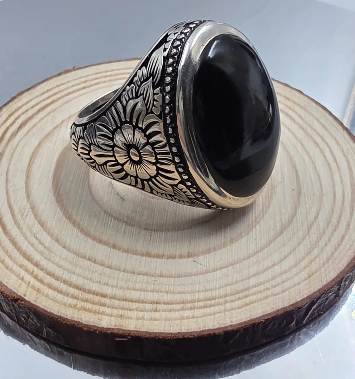 خاتم فضه بحجر جرع اسود يمني