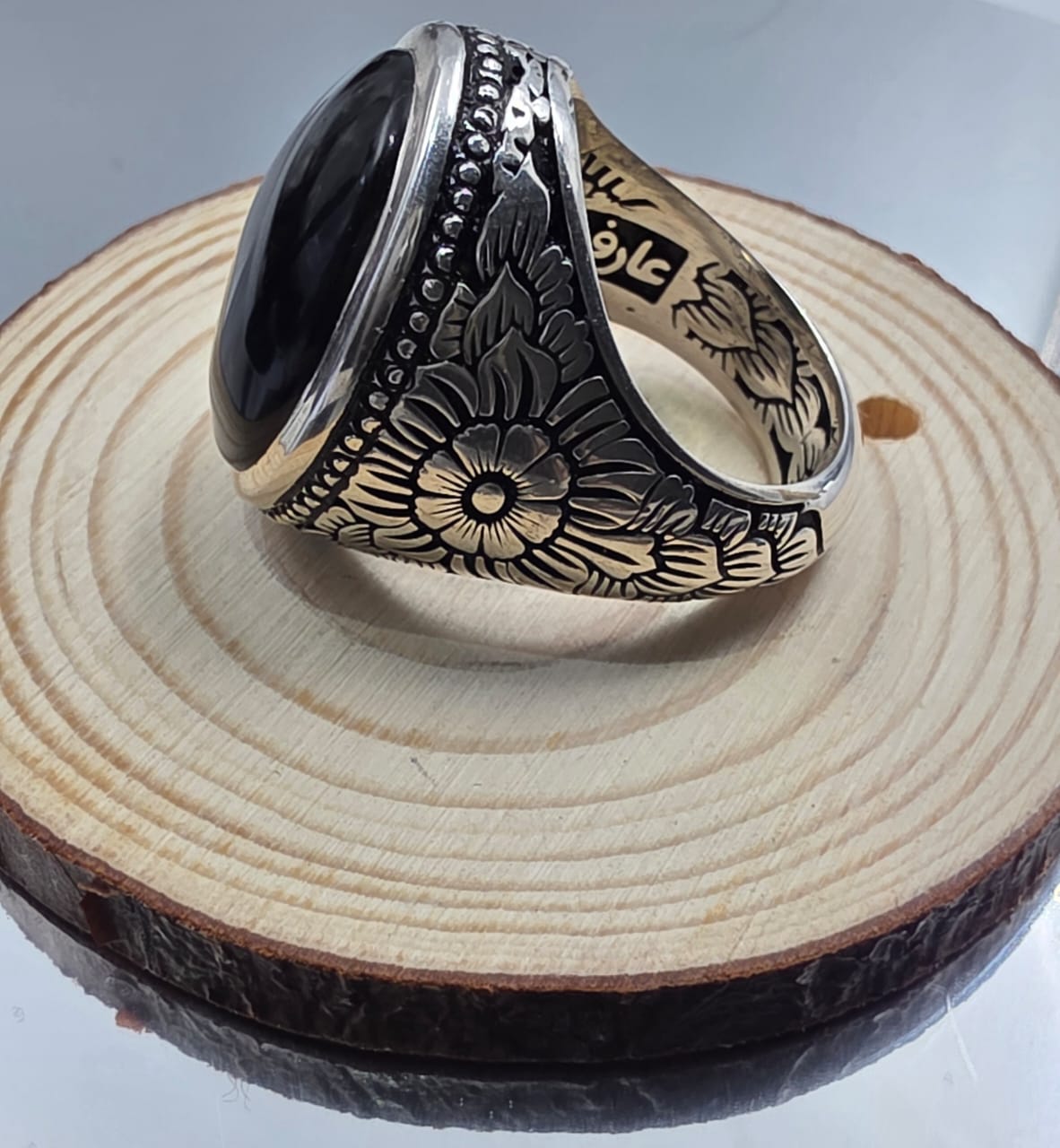 خاتم فضه بحجر جرع اسود يمني