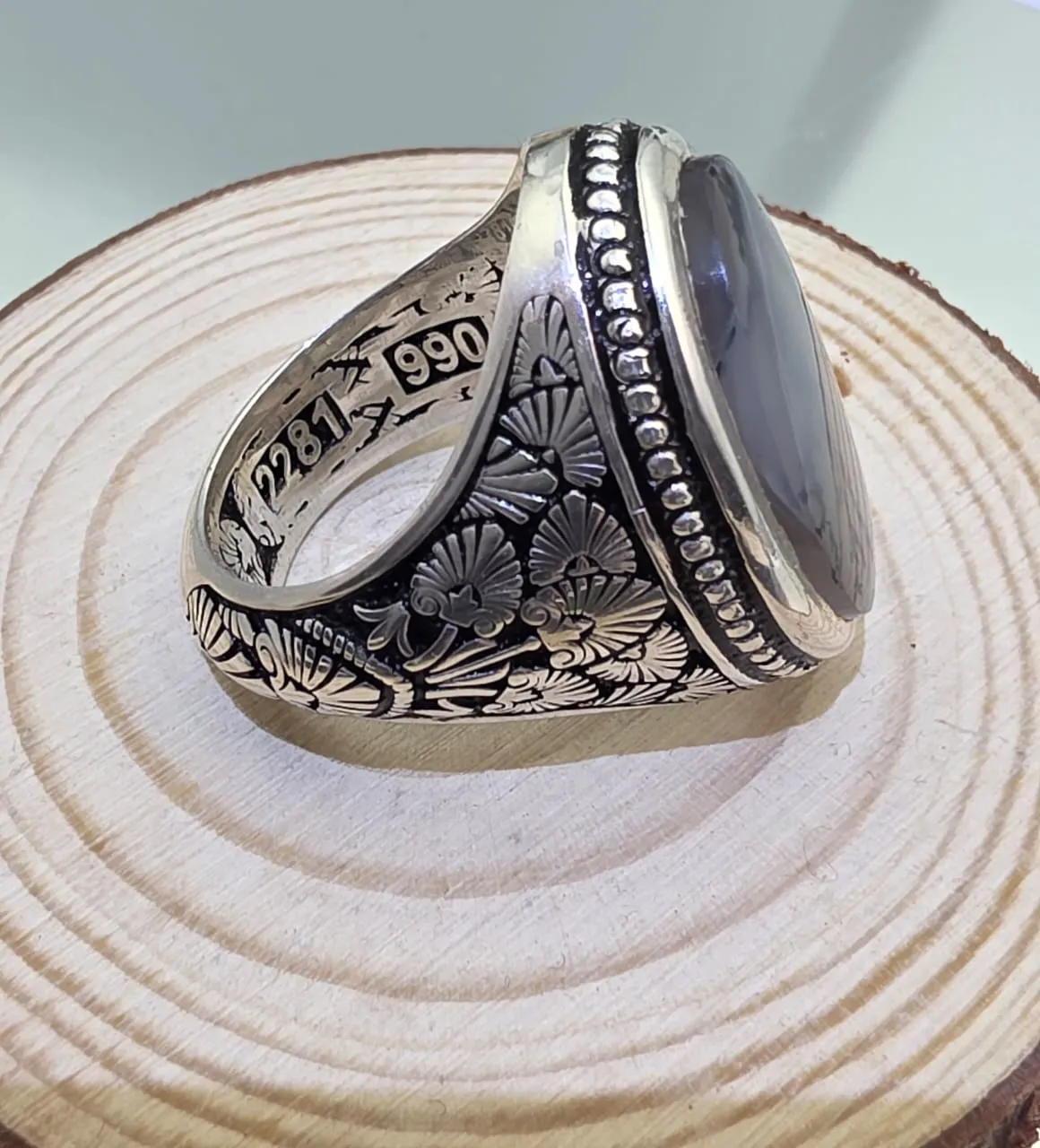 خاتم فضه رجالي بحجر شجري يمني مميز