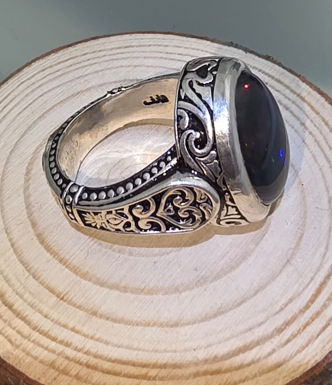خاتم فضه سلجوقي بحجر من الاوبال الاثيوبي فول فاير