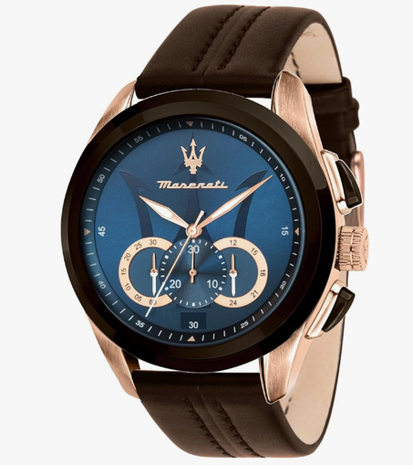 ساعة "تراغواردو" كوارتز عصرية من الستانلس ستيل والجلد للرجال من مازيراتي، اللون: بني