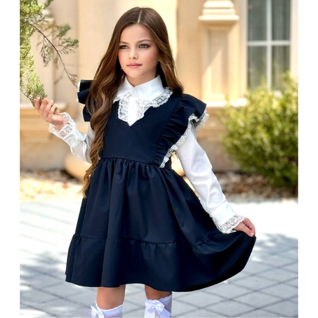 Robe papillon avec chemise fille pour l'école Bleu marine