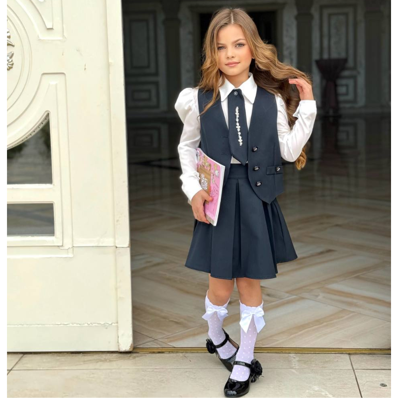 Uniforme scolaire pour filles : chemise + cravate + jupe + veste bleu marine