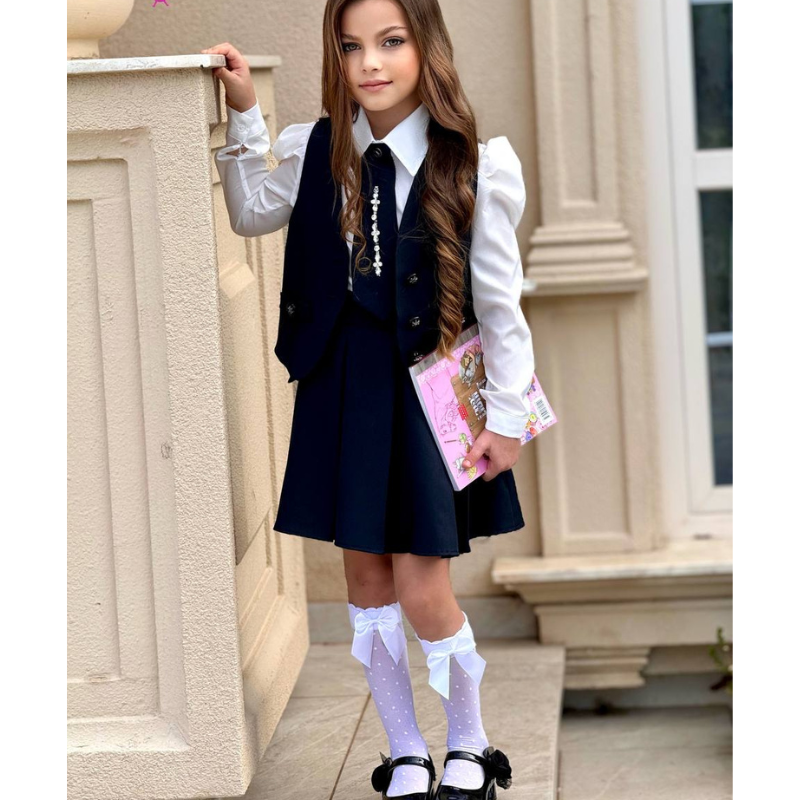 Uniforme scolaire pour filles : chemise + cravate + jupe + veste bleu marine