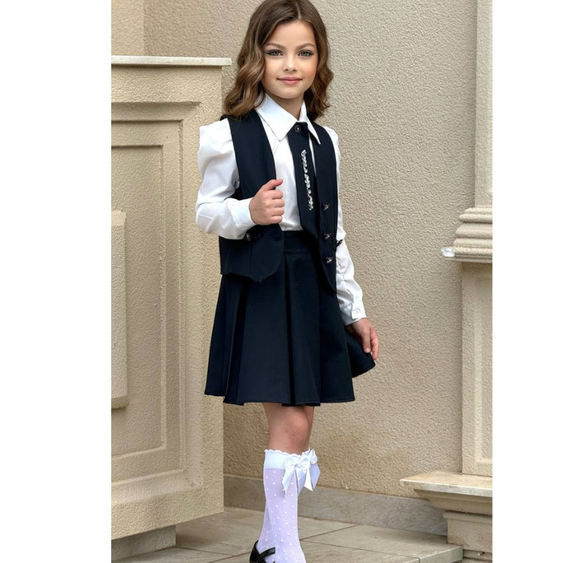 Uniforme scolaire pour filles : chemise + cravate + jupe + veste bleu marine