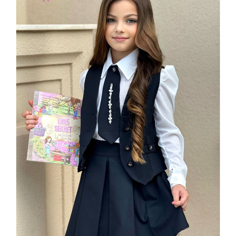 Uniforme scolaire pour filles : chemise + cravate + jupe + veste bleu marine