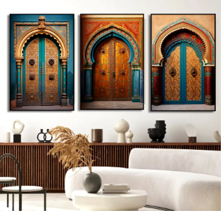 ديكور منزلي، لوحات قماشية بأبواب مغربية، فن جداري إسلامي.