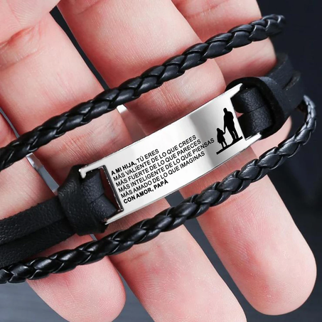Pulsera tejida a mano de Papá y Papá, Brazalete de cuero y acero inoxidable con grabado Español a mi Hija