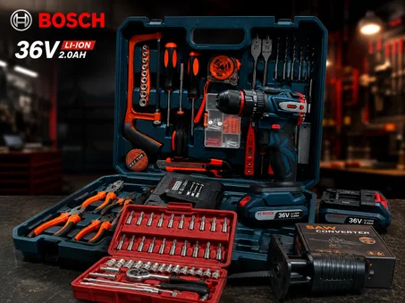 مثقاب bosch لاسلكي احترافي 36V مع حقيبة كاملة وأكثر من 100 قطعة