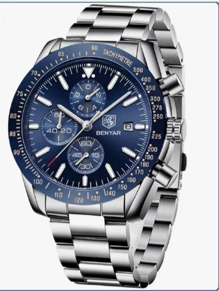 بعقارب انالوج مع كرونوغراف مقاومة للماء بإضاءة خلفية وعرض التاريخ، ساعة بتصميم للعمل والمناسبات الكاجوال مناسبة كهدية أنيقة للرجال