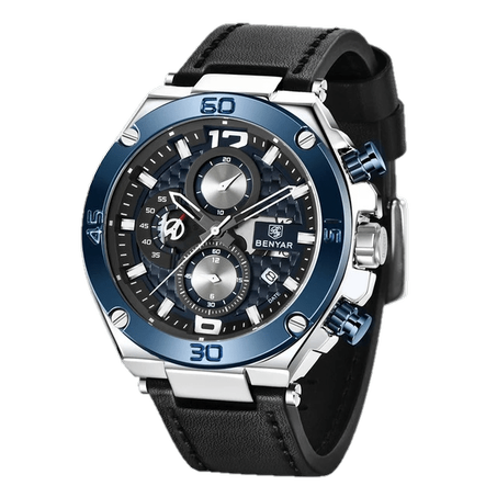 BENYAR BY-5151B – montre chronographe de luxe pour hommes avec bracelet en cuir bleu – Bleu